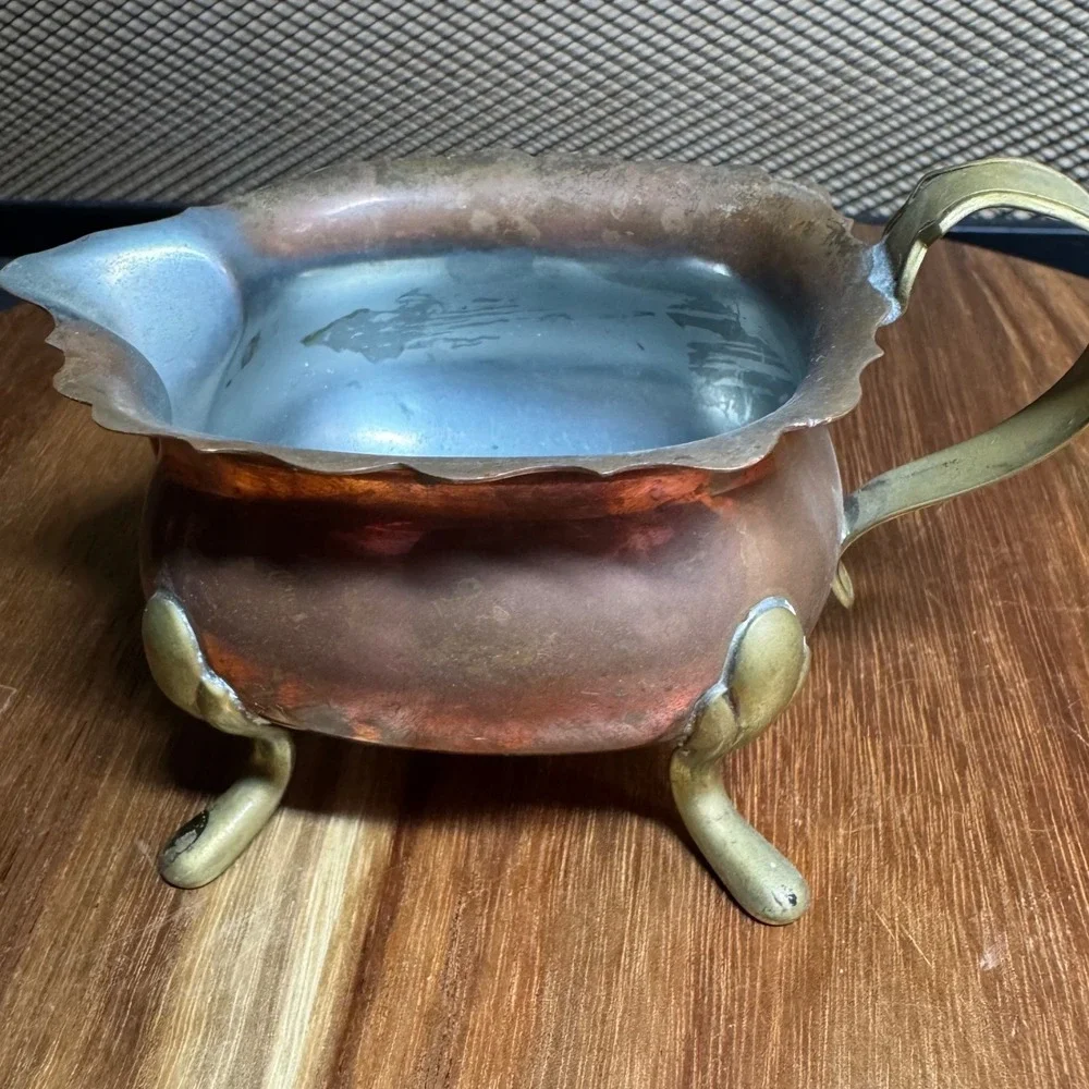 Vintage Copper Creamer Pitcher Scalloped Rim Brass Footed Tripod Base Patina